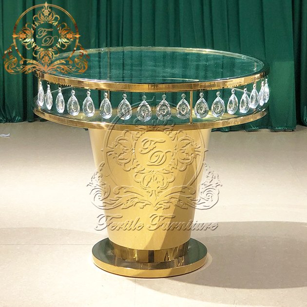 Modern Golden Stainless Steel Frame Metal Base Wedding Event Decoration Round Crystal Cake Table