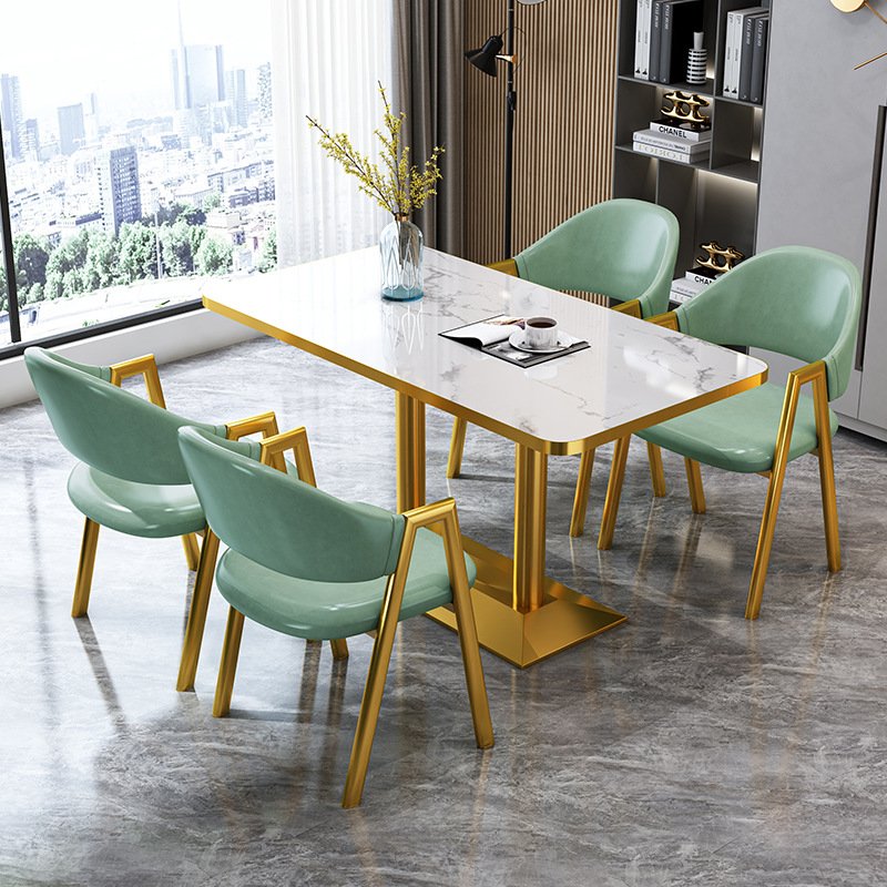 Nordic Golden Luxury Marble Top Home Cafe Reception Dining Table and Leather Dining Chairs Set Marble Dining Table Set 4 Chairs