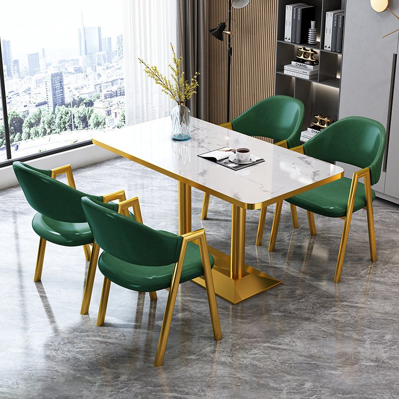 Nordic Golden Luxury Marble Top Home Cafe Reception Dining Table and Leather Dining Chairs Set Marble Dining Table Set 4 Chairs