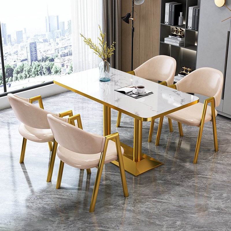 Nordic Golden Luxury Marble Top Home Cafe Reception Dining Table and Leather Dining Chairs Set Marble Dining Table Set 4 Chairs