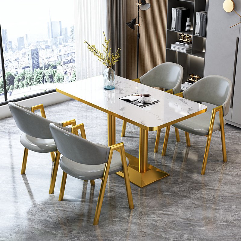 Nordic Golden Luxury Marble Top Home Cafe Reception Dining Table and Leather Dining Chairs Set Marble Dining Table Set 4 Chairs