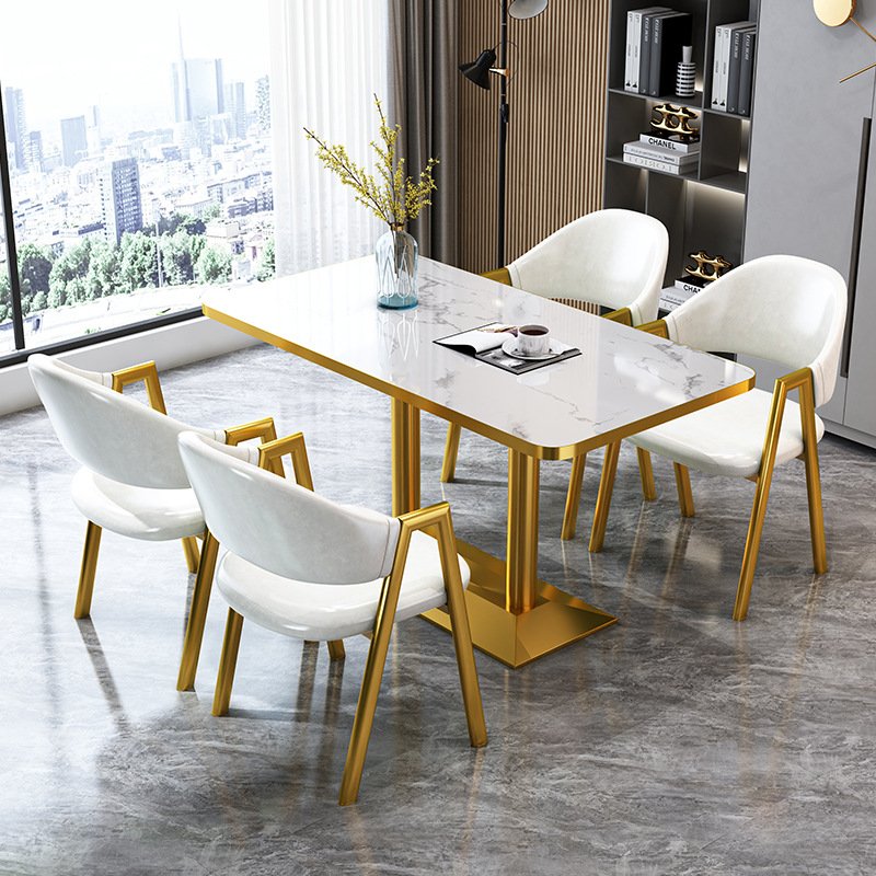 Nordic Golden Luxury Marble Top Home Cafe Reception Dining Table and Leather Dining Chairs Set Marble Dining Table Set 4 Chairs