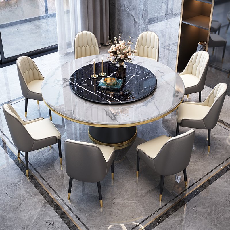 Factory wholesale modern marble stone household round dining table set 6 chairs simple rock board metal leg furniture set modern