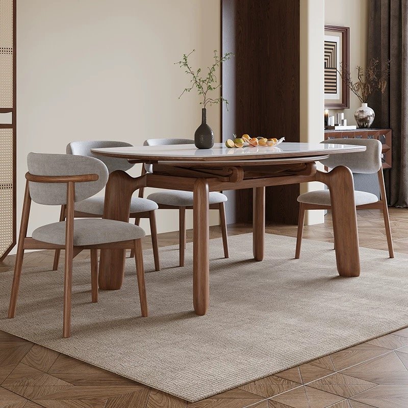 nordic luxury modern style telescopic foldable round marble solid wood dining table chair set 4 6 seater vintage furniture 2024