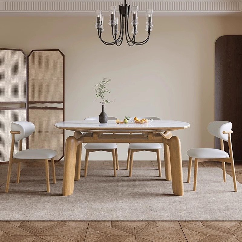 nordic luxury modern style telescopic foldable round marble solid wood dining table chair set 4 6 seater vintage furniture 2024