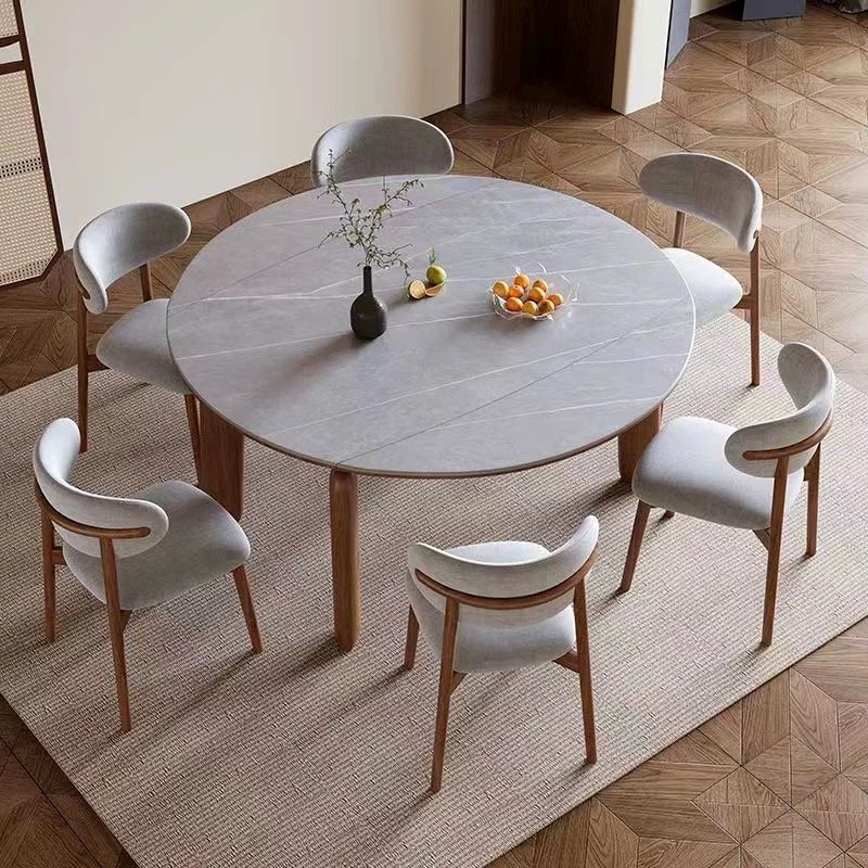 nordic luxury modern style telescopic foldable round marble solid wood dining table chair set 4 6 seater vintage furniture 2024