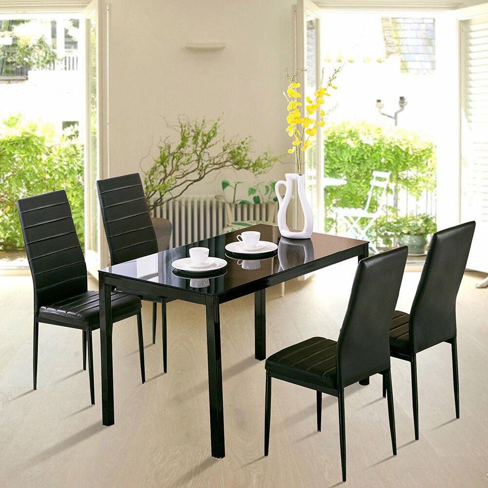 Modern Cheap 120cm Tempered Glass Top Rectangle Dining Tables And 4 PU Leather Chairs 4 Seater Dining Table Set