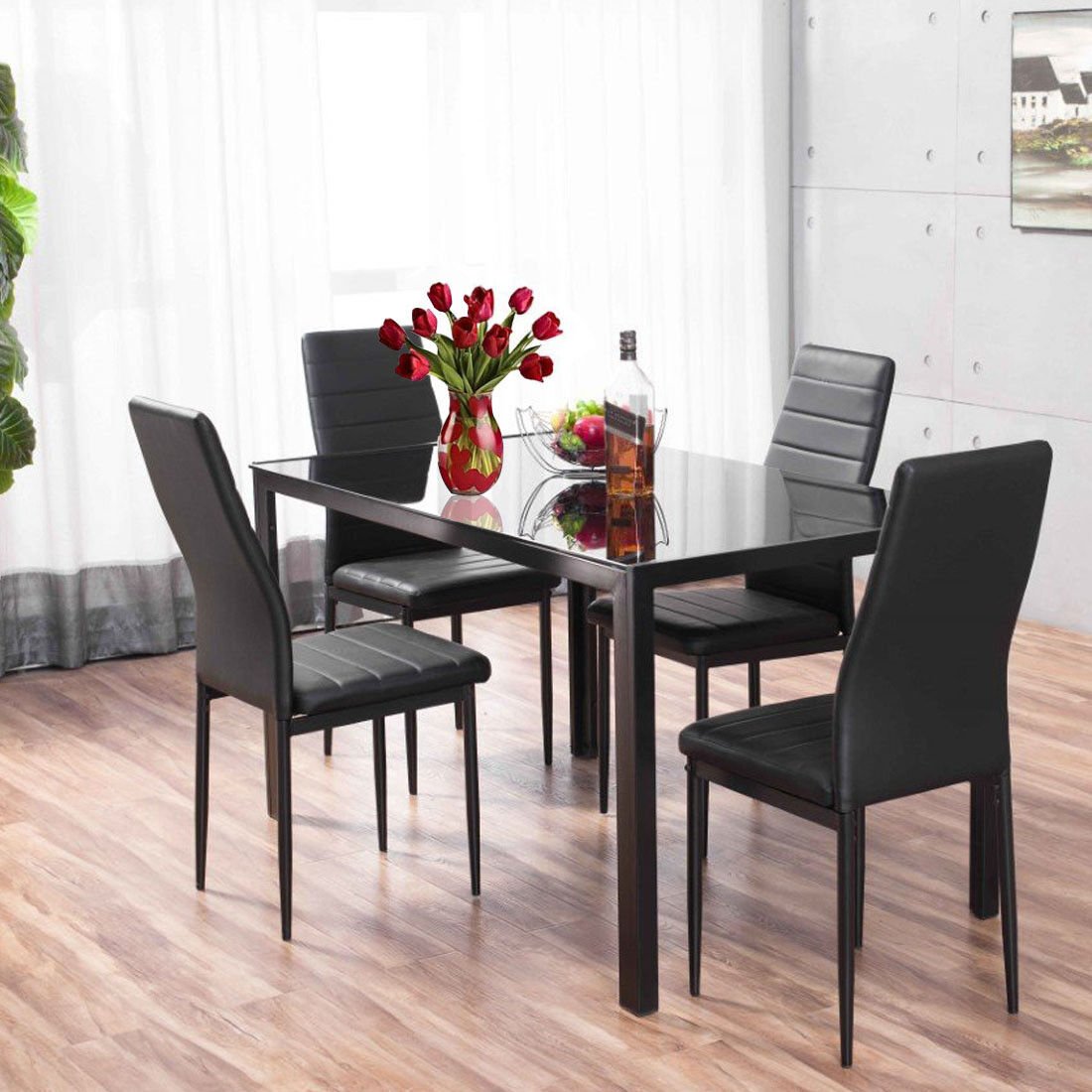 Modern Cheap 120cm Tempered Glass Top Rectangle Dining Tables And 4 PU Leather Chairs 4 Seater Dining Table Set