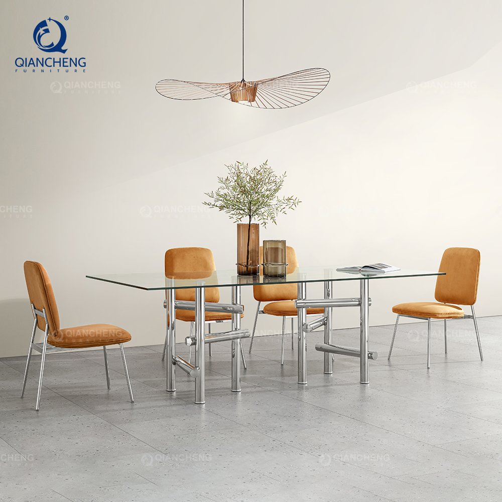 QIANCHENG stainless steel furniture supplier fiberglass contemporary tempered glass top mirror center dining room table set