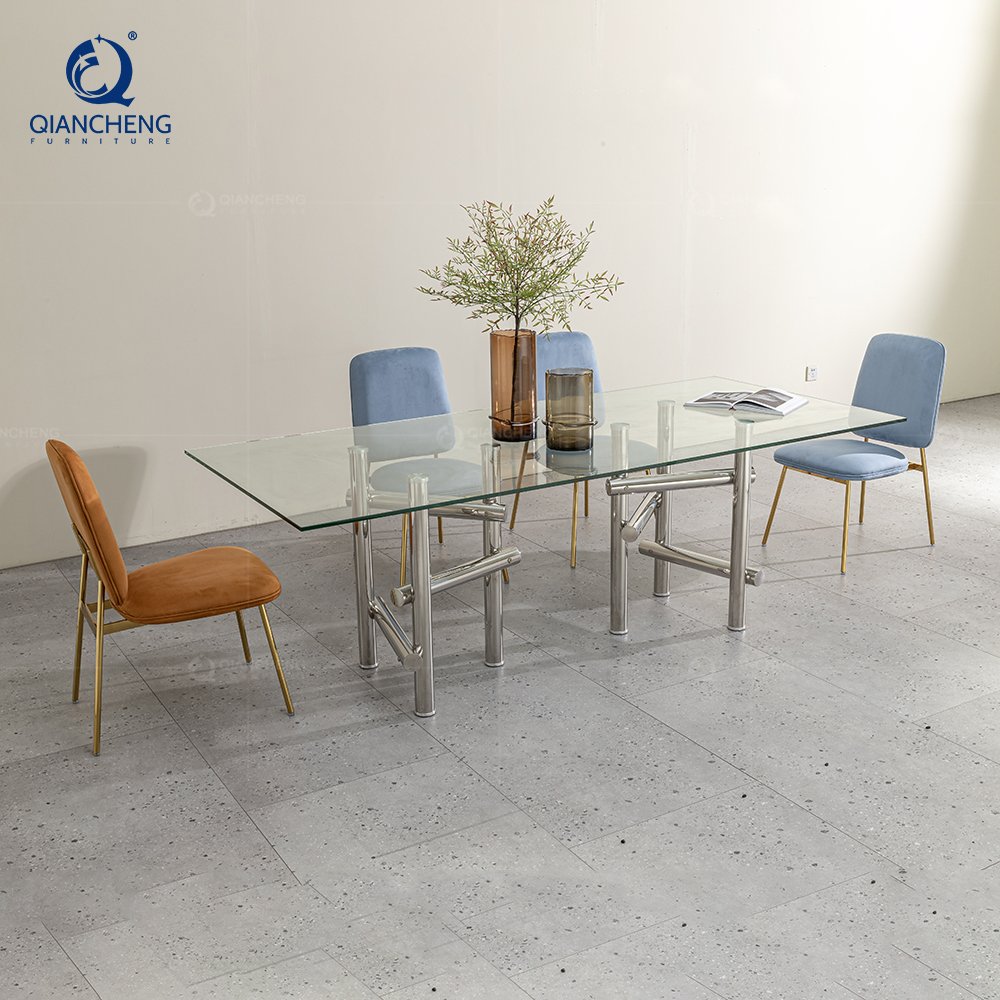 QIANCHENG stainless steel furniture supplier fiberglass contemporary tempered glass top mirror center dining room table set