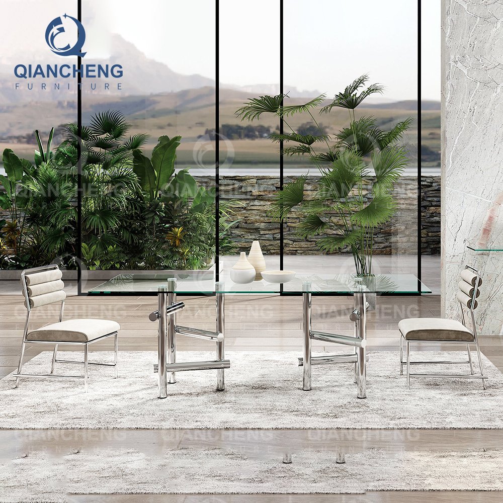 QIANCHENG stainless steel furniture supplier fiberglass contemporary tempered glass top mirror center dining room table set