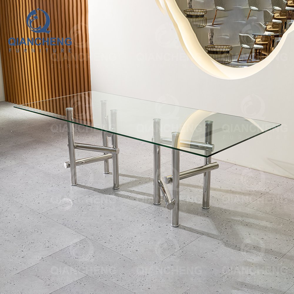 QIANCHENG stainless steel furniture supplier fiberglass contemporary tempered glass top mirror center dining room table set