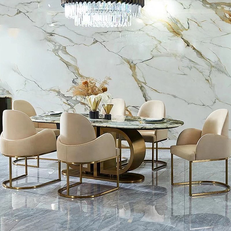 Modern Design Dining Room Marble Top Table Elegant Stainless Steel Leg Oval Shape Marble Dinner Table