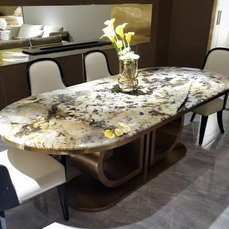 Modern Design Dining Room Marble Top Table Elegant Stainless Steel Leg Oval Shape Marble Dinner Table