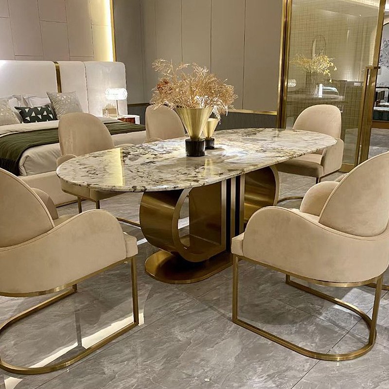 Modern Design Dining Room Marble Top Table Elegant Stainless Steel Leg Oval Shape Marble Dinner Table