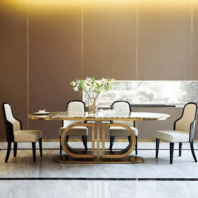Modern Design Dining Room Marble Top Table Elegant Stainless Steel Leg Oval Shape Marble Dinner Table