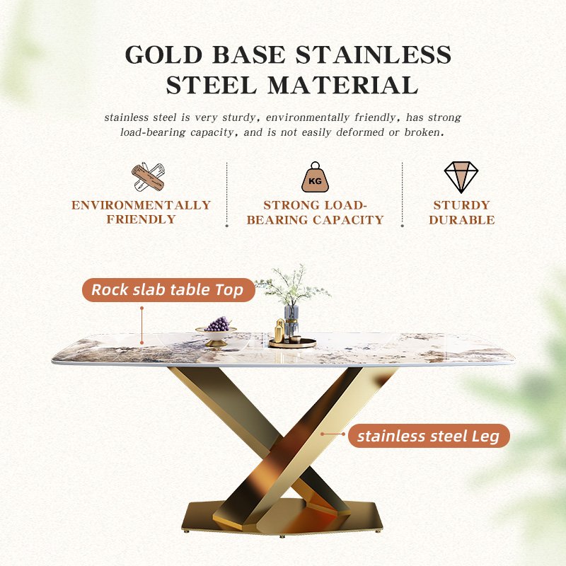 Modern Light Luxury Golden Stainless Steel Dining Table Marble and Sintered Stone Table Top Versatile for Kitchen & Hotel Use