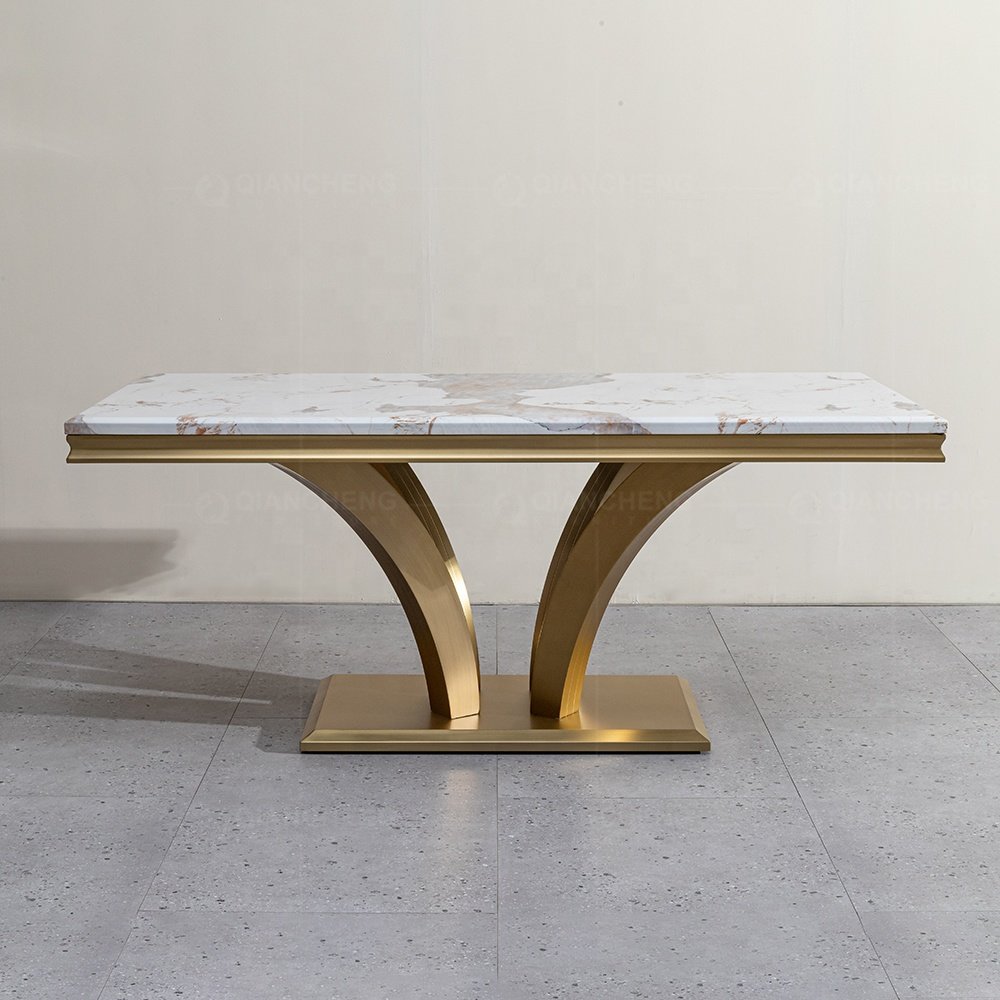high end custom wholesale modern luxury marble dinning table medium gold plated trimming gloss dining table with chair 6 seater