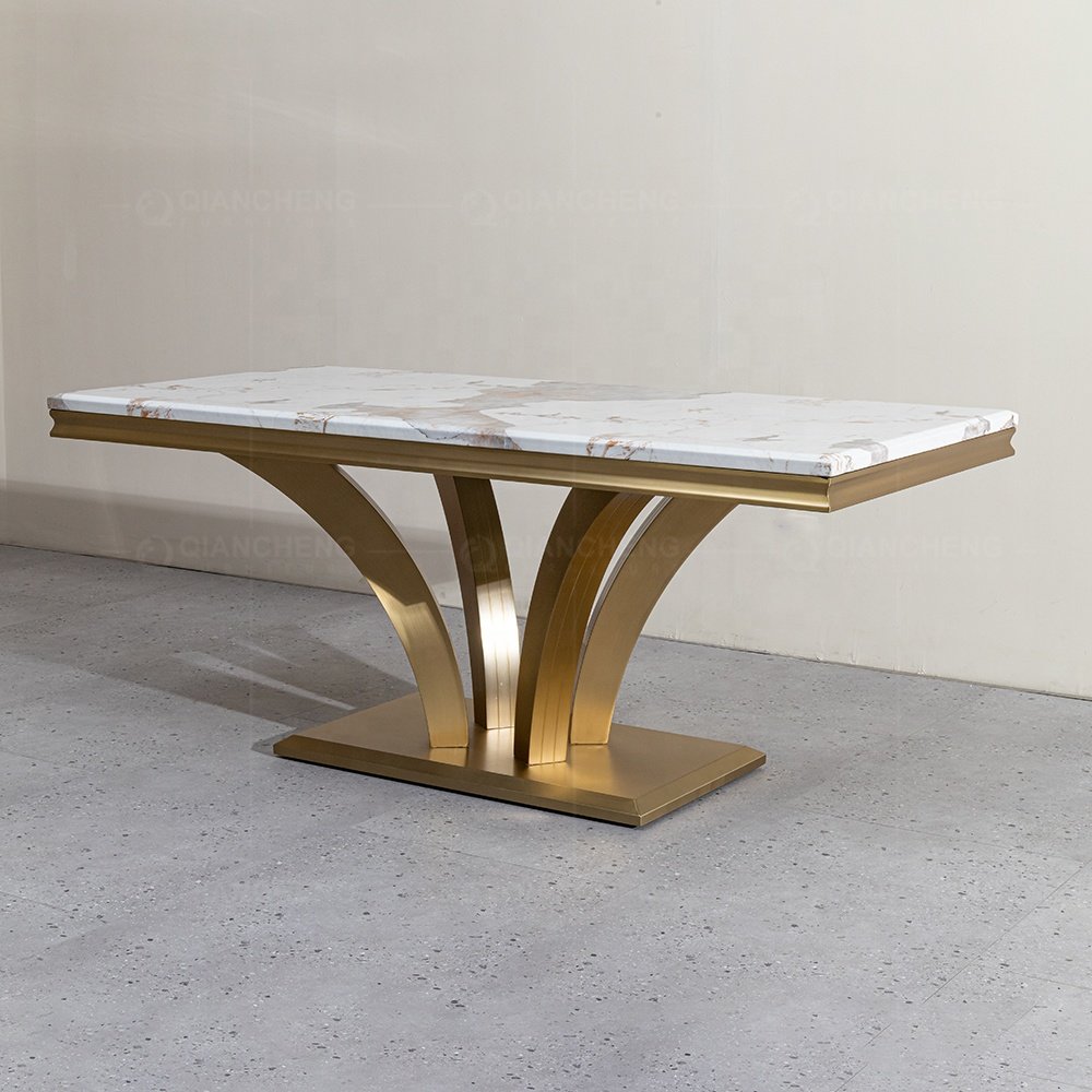 high end custom wholesale modern luxury marble dinning table medium gold plated trimming gloss dining table with chair 6 seater