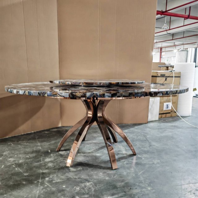 Italian light luxury villa high-end atmosphere stainless steel home natural agate dining table