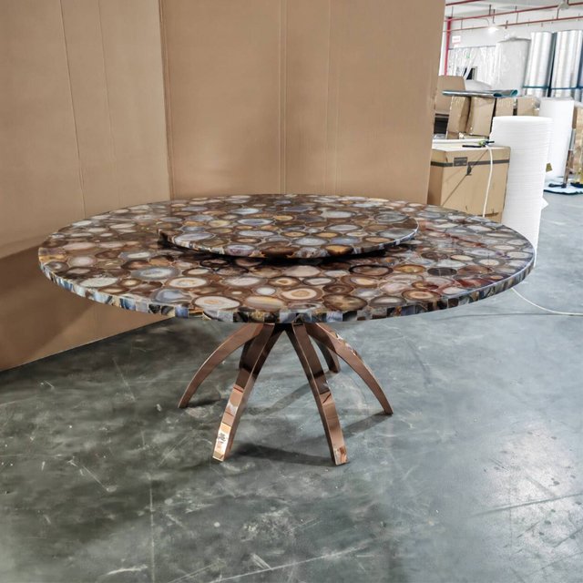 Italian light luxury villa high-end atmosphere stainless steel home natural agate dining table