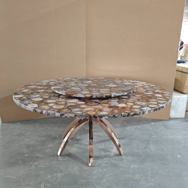 Italian light luxury villa high-end atmosphere stainless steel home natural agate dining table