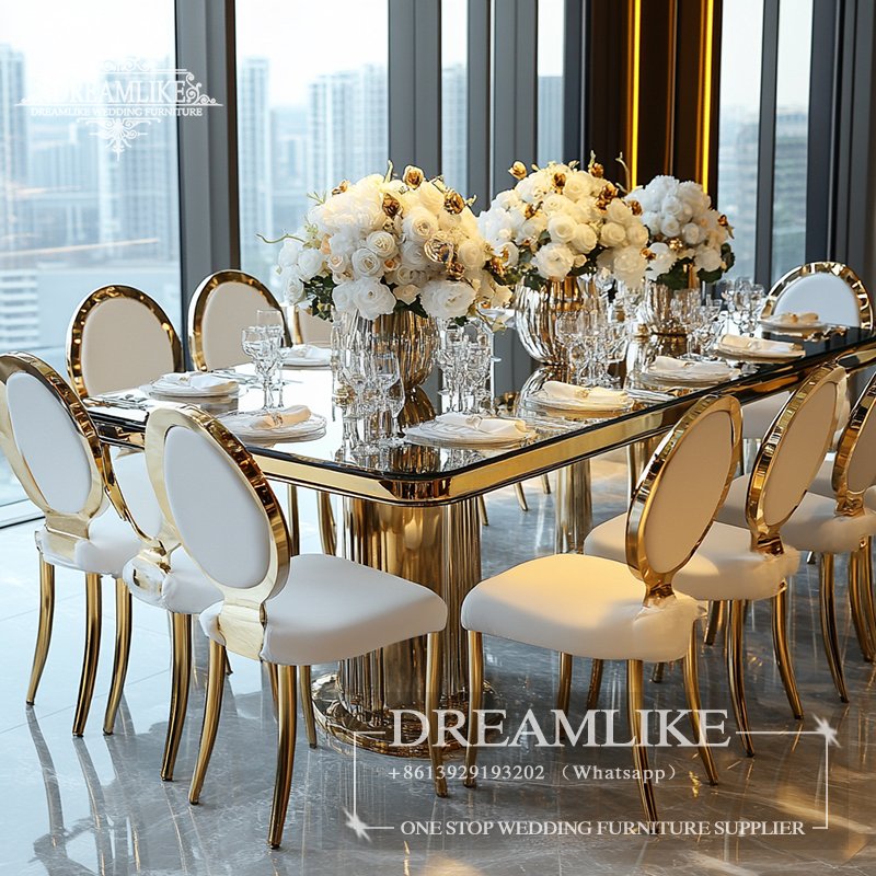 Modern Gold Stainless Steel Table Leather Wedding Chairs Banquets Events Rentals-Hotel Tables with Glass Top Stylish Elegant