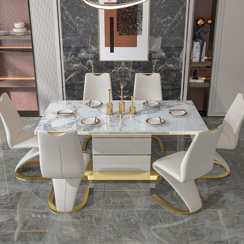Luxury white stone marble dining table set 4 chairs modern gold stainless steel rectangular with 6 seater dining room furniture