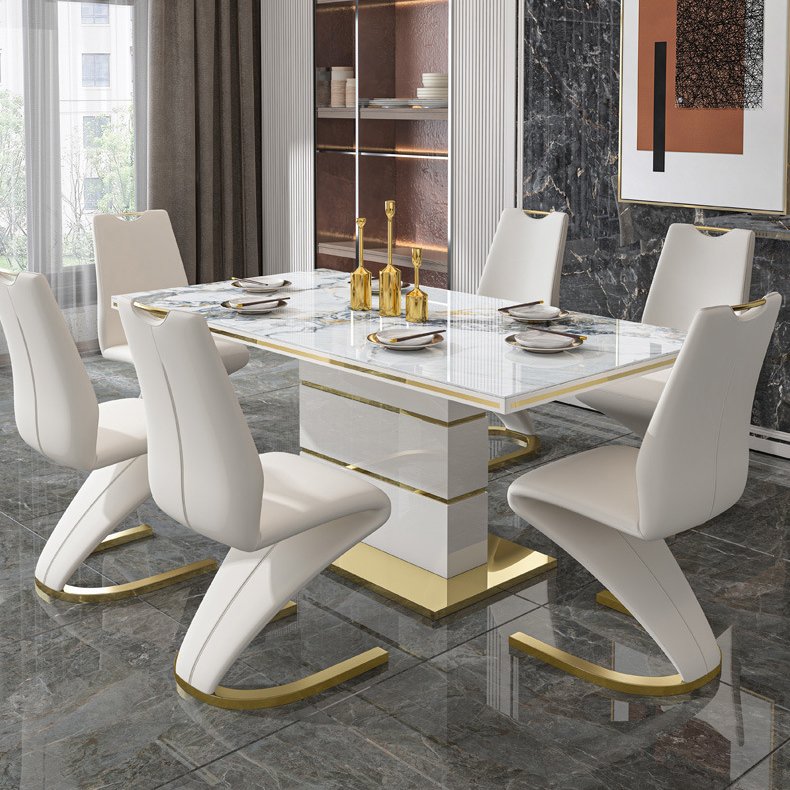 Luxury white stone marble dining table set 4 chairs modern gold stainless steel rectangular with 6 seater dining room furniture