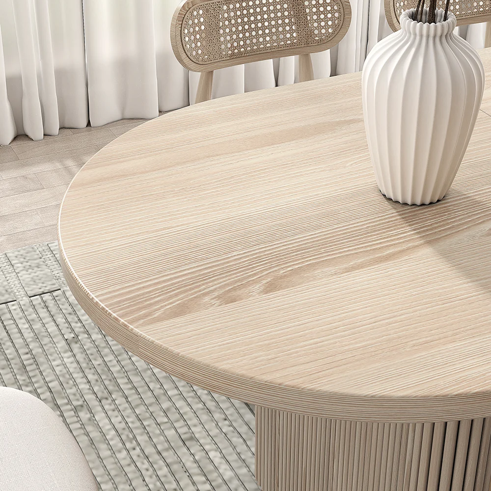 Best Sale Modern Oak Solid Wood MDF Restaurant Home Furniture Extendable Fluted Ribbed Oval Dining Table