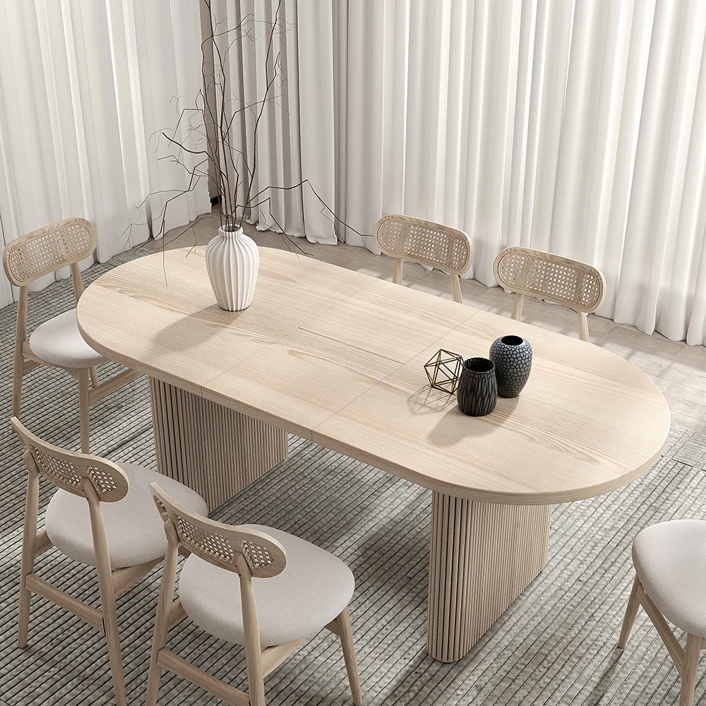 Best Sale Modern Oak Solid Wood MDF Restaurant Home Furniture Extendable Fluted Ribbed Oval Dining Table