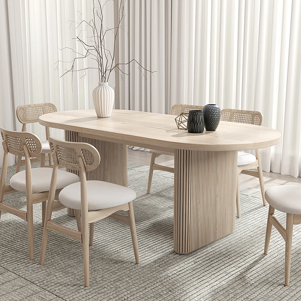 Best Sale Modern Oak Solid Wood MDF Restaurant Home Furniture Extendable Fluted Ribbed Oval Dining Table