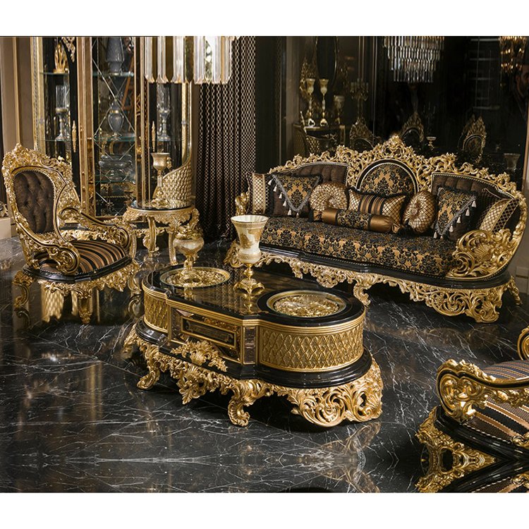 Royal Antique Gold Traditional Wooden Baroque Sofa and Chair Home Furniture Living Room Sofas Coffee Table Tv Stands