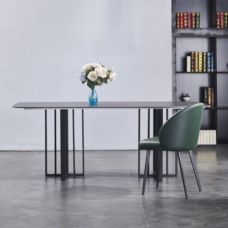 Wholesale Luxury Dinning Table Set With Grey Solid Marble Top And 6 Grey Stainless Steel Chrome Dining Table
