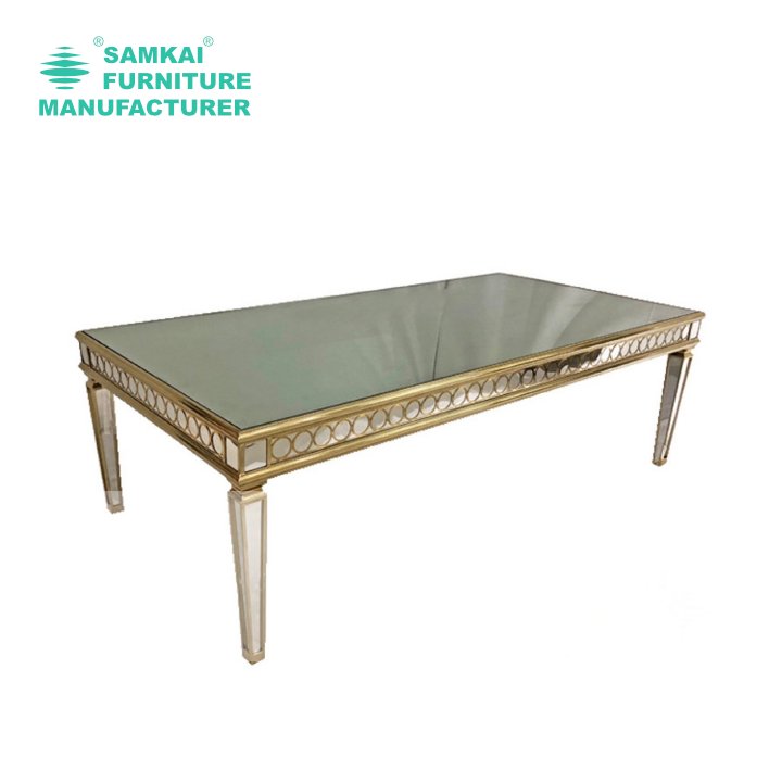SK-YHZ-E003 Simple design rectangular mirror glass countertop stainless steel banquet event party table