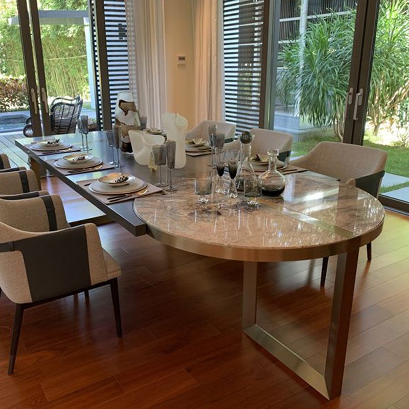 High Quality Metal Base Lacquer Tabletop Restaurant Table Custom Size Artificial Stone Top Italian Modern Luxury Dining Table