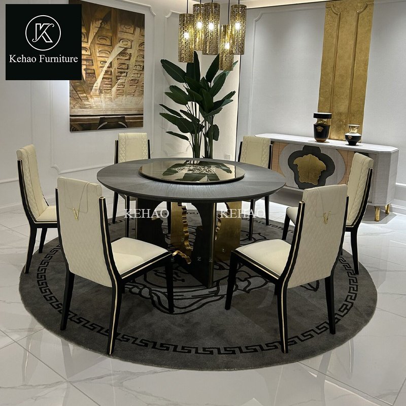 Luxury Natural Solid Wood Round Dining Table Chair Set Lazy Susan Wood Turntable 6 8 Dining Chairs Room Sets For House Furniture
