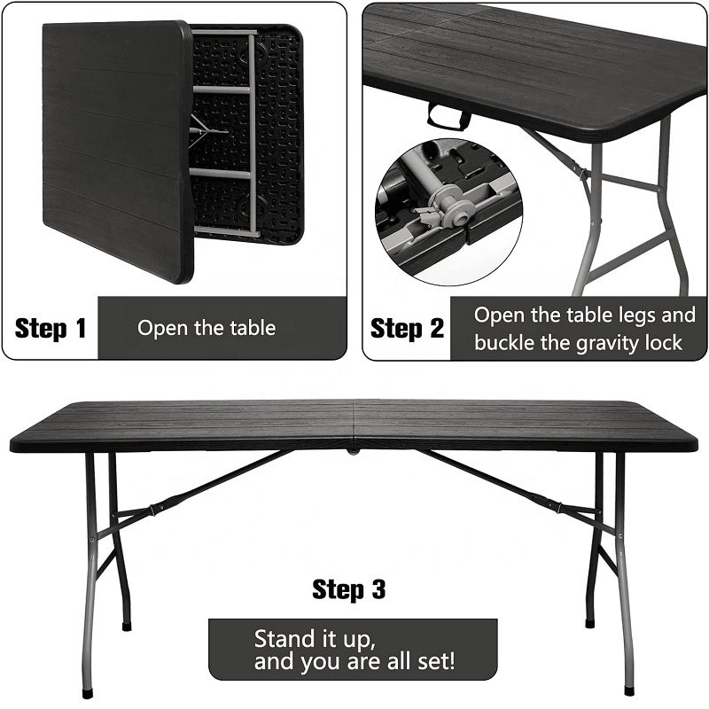 Garden Furnitures Portable Table Wood Grain Plastic Camping Table 38mm Thickness Fold-in-Half 6 Foot Rectangular Folding Table