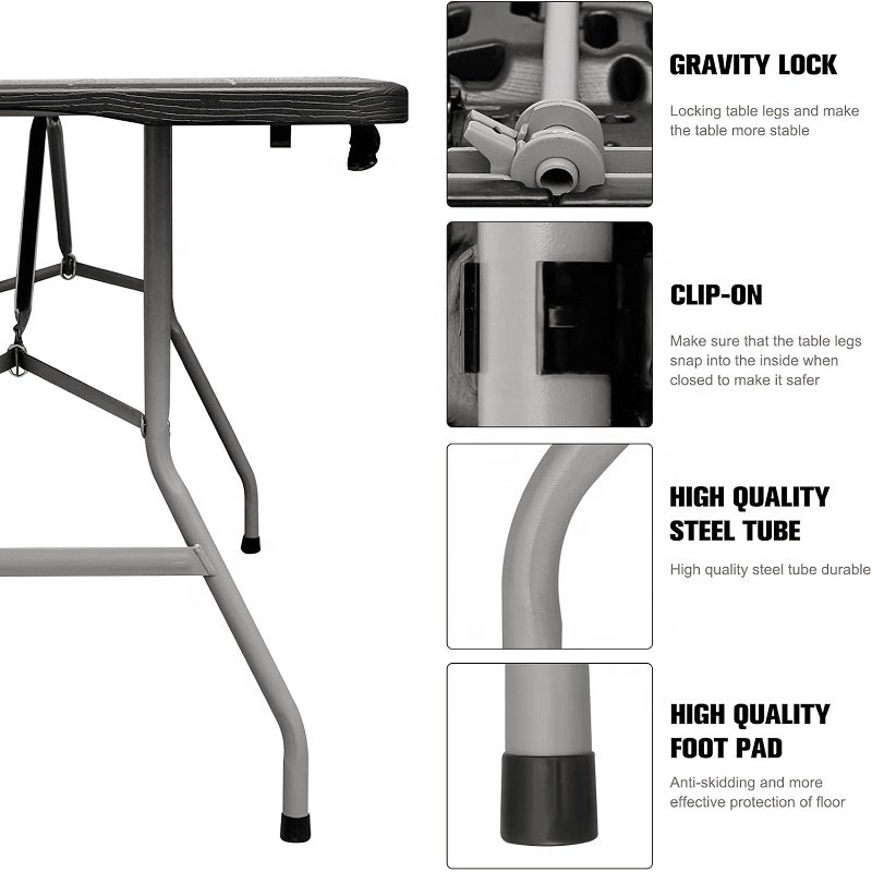 Garden Furnitures Portable Table Wood Grain Plastic Camping Table 38mm Thickness Fold-in-Half 6 Foot Rectangular Folding Table