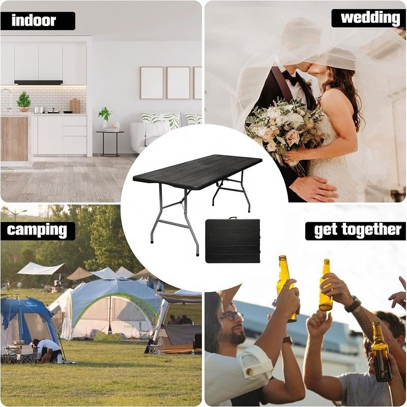 Garden Furnitures Portable Table Wood Grain Plastic Camping Table 38mm Thickness Fold-in-Half 6 Foot Rectangular Folding Table