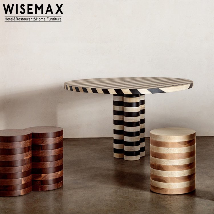 WISEMAX FURNITURE Nordic dining room furniture Round stripe shape plywood top wooden base home dining table for home