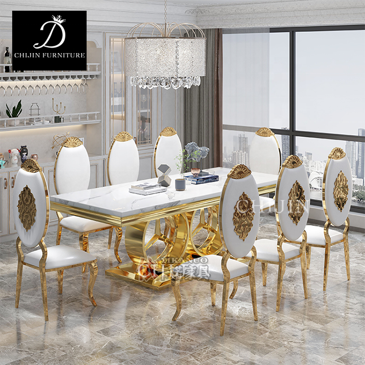 Luxury Marble Stainless Steel Long Dining Table Restaurant 8 People Dining Table Set Furniture