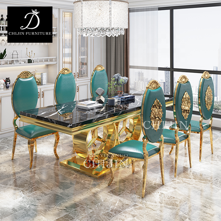 Luxury Marble Stainless Steel Long Dining Table Restaurant 8 People Dining Table Set Furniture