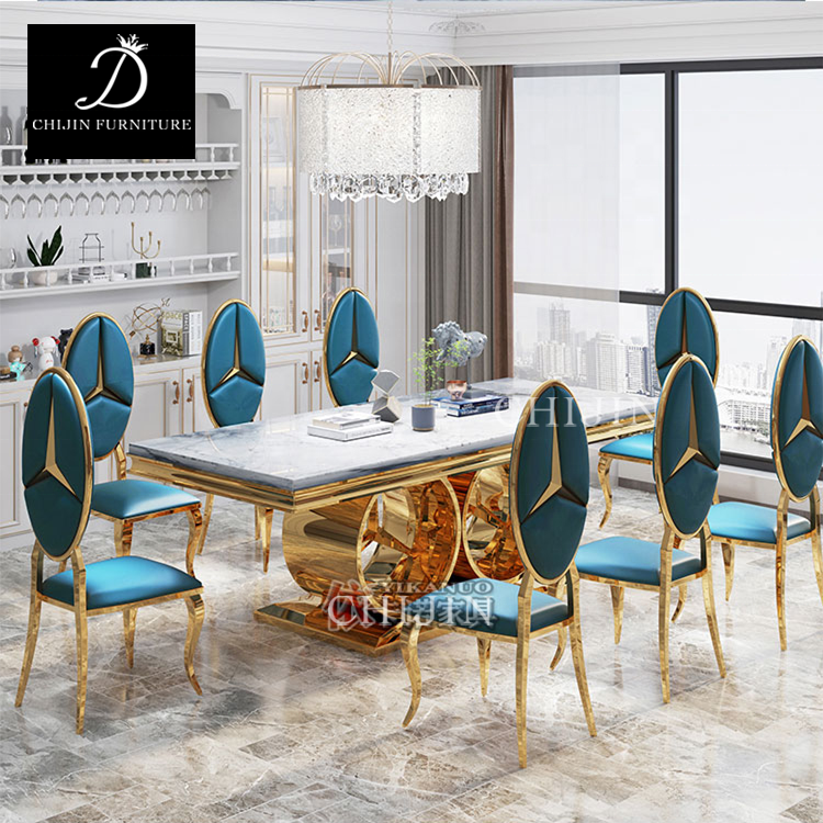 Luxury Marble Stainless Steel Long Dining Table Restaurant 8 People Dining Table Set Furniture