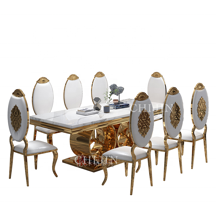 Luxury Marble Stainless Steel Long Dining Table Restaurant 8 People Dining Table Set Furniture