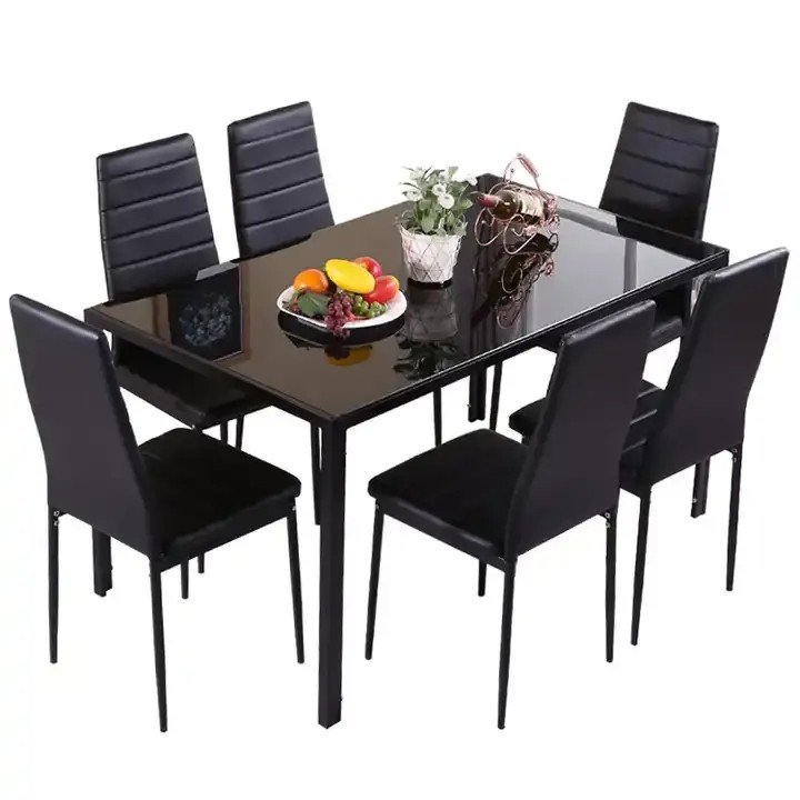 Kitchen Dining Room Rectangle Tempered Glass Top Metal Breakfast Table Set Dinning Table and High Backrest Leather Chairs Set