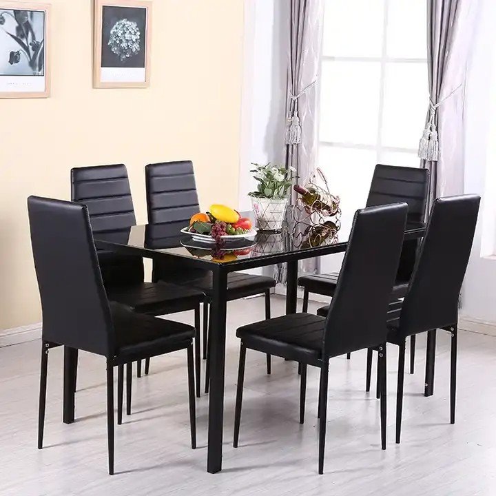 Kitchen Dining Room Rectangle Tempered Glass Top Metal Breakfast Table Set Dinning Table and High Backrest Leather Chairs Set