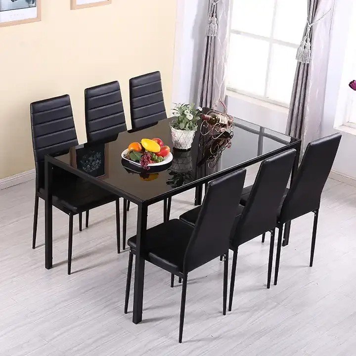 Kitchen Dining Room Rectangle Tempered Glass Top Metal Breakfast Table Set Dinning Table and High Backrest Leather Chairs Set