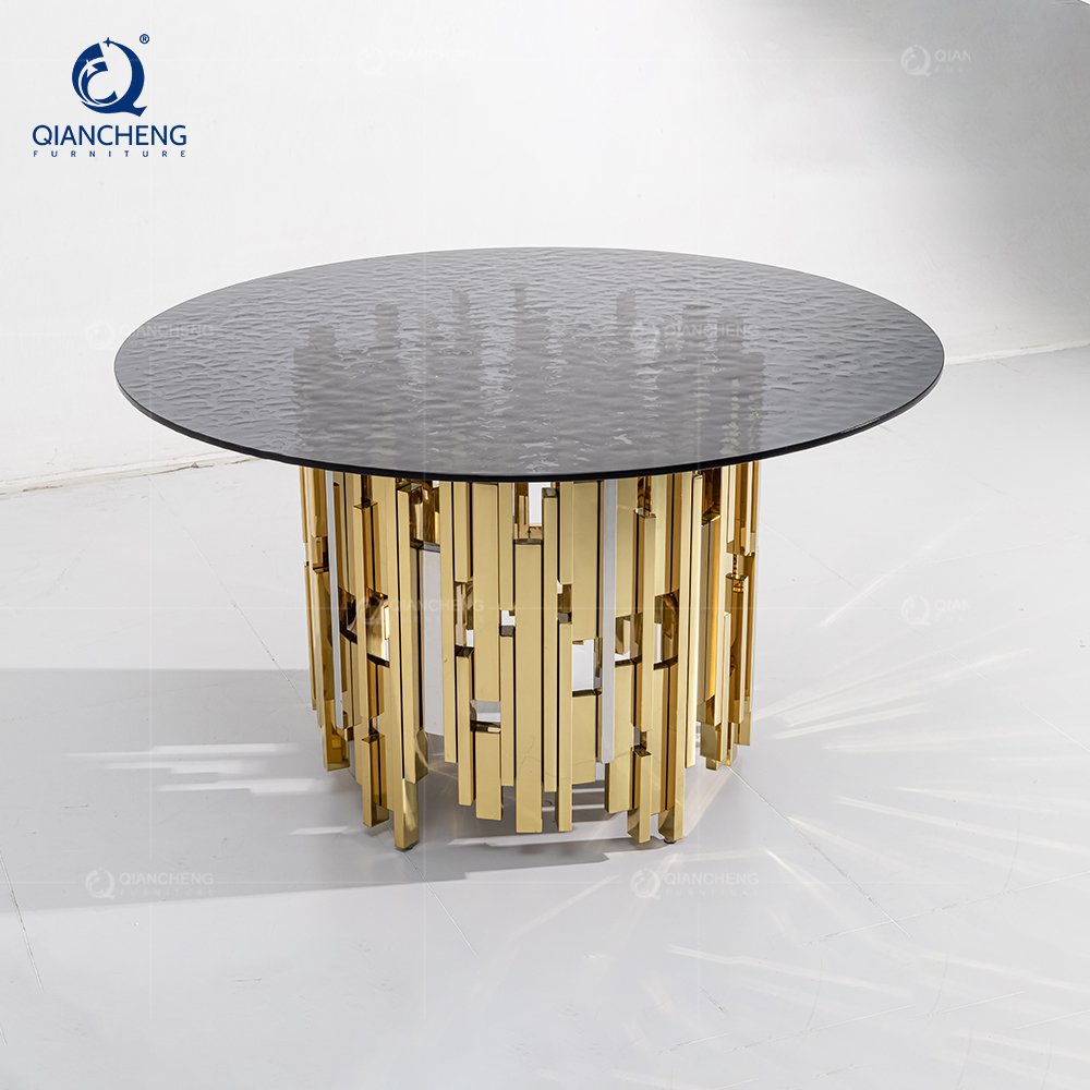 customization furniture dinning table and chair set dubai gold and silver stainless steel for luxury glass top dining table set