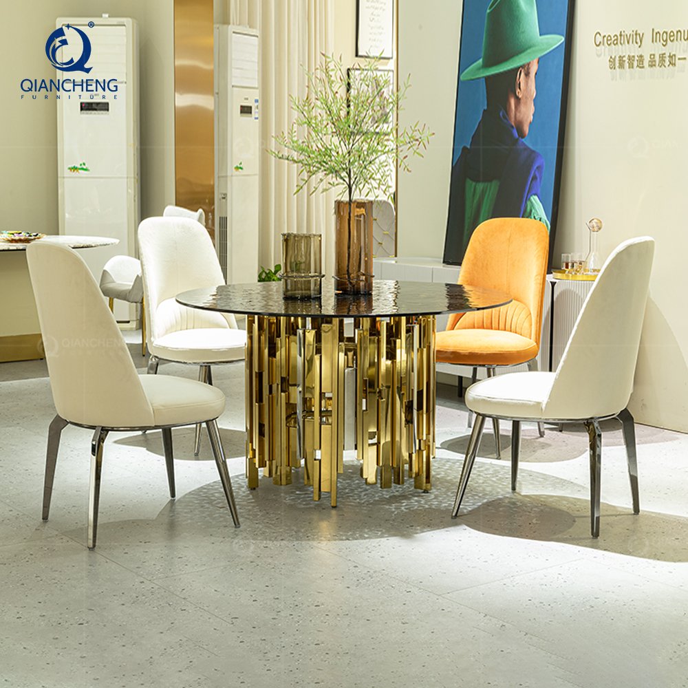 customization furniture dinning table and chair set dubai gold and silver stainless steel for luxury glass top dining table set